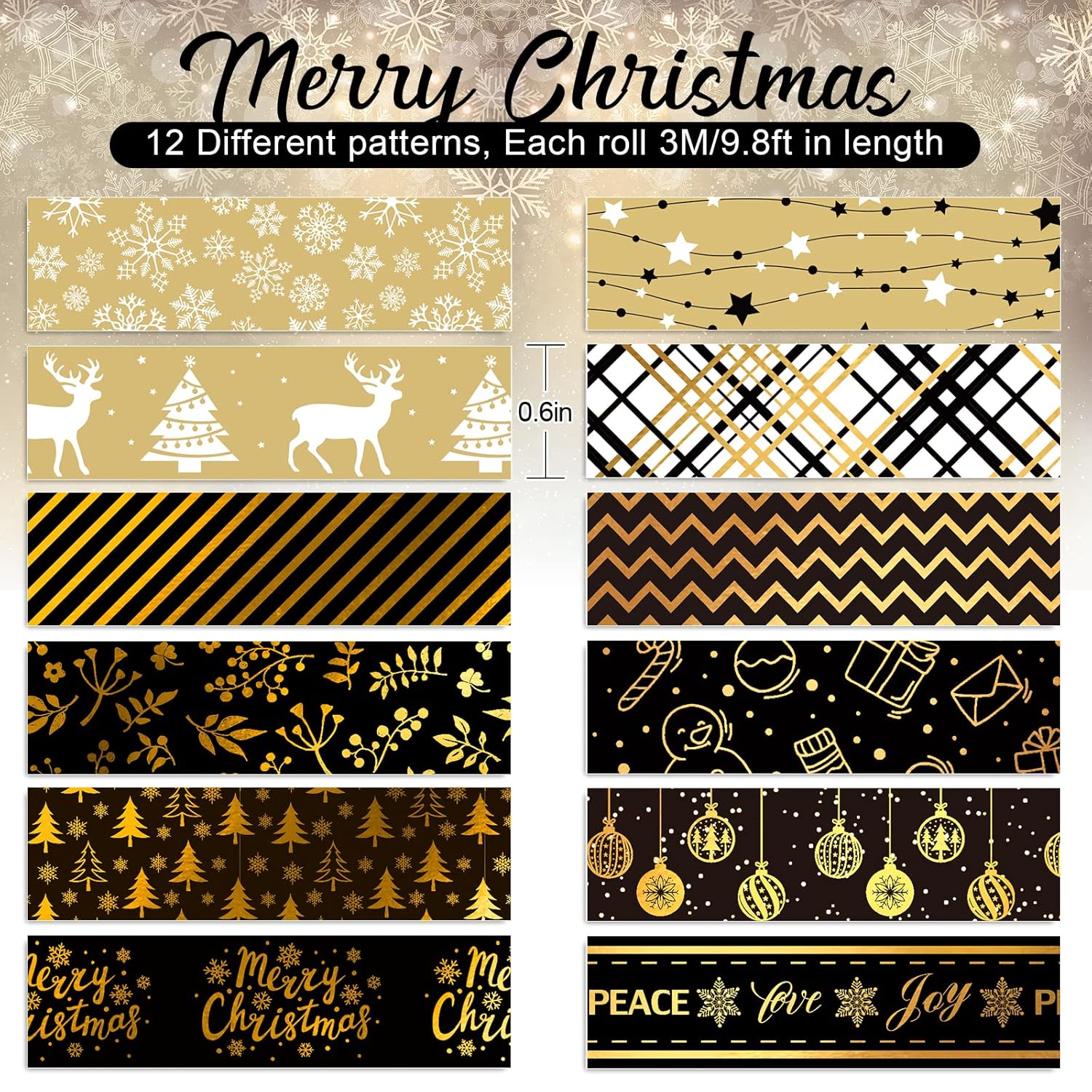 Whaline 12 Rolls Christmas Washi Tape Black Gold