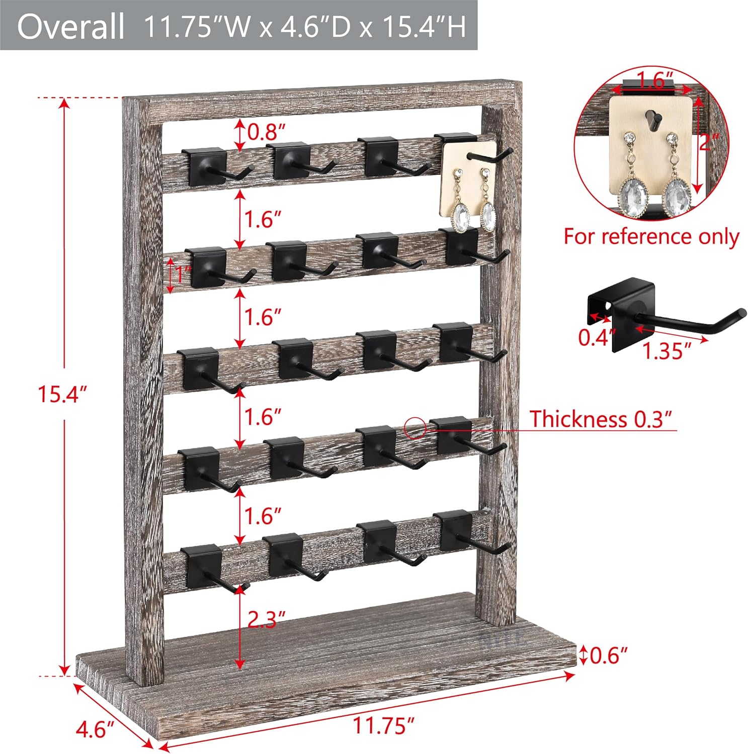 Ikee Design 5 Tiers Wooden Jewelry Display Rack with 20 Removable Metal Hooks