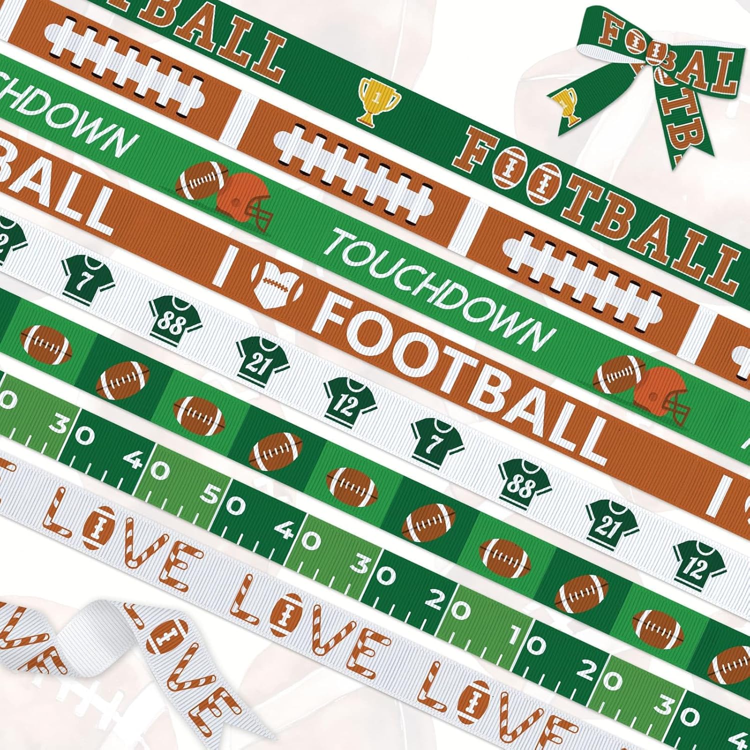 YKW Football Themed Ribbon Set 8 Pack