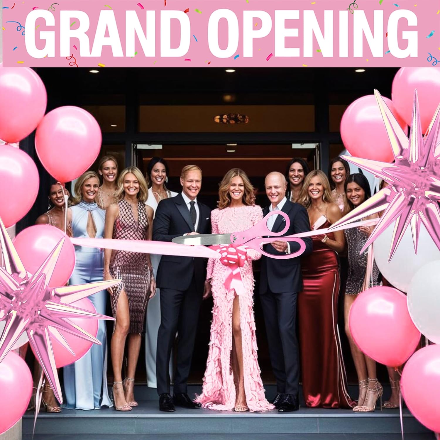 Giant Pink Ribbon Cutting Scissors with Banner and Balloons Kit