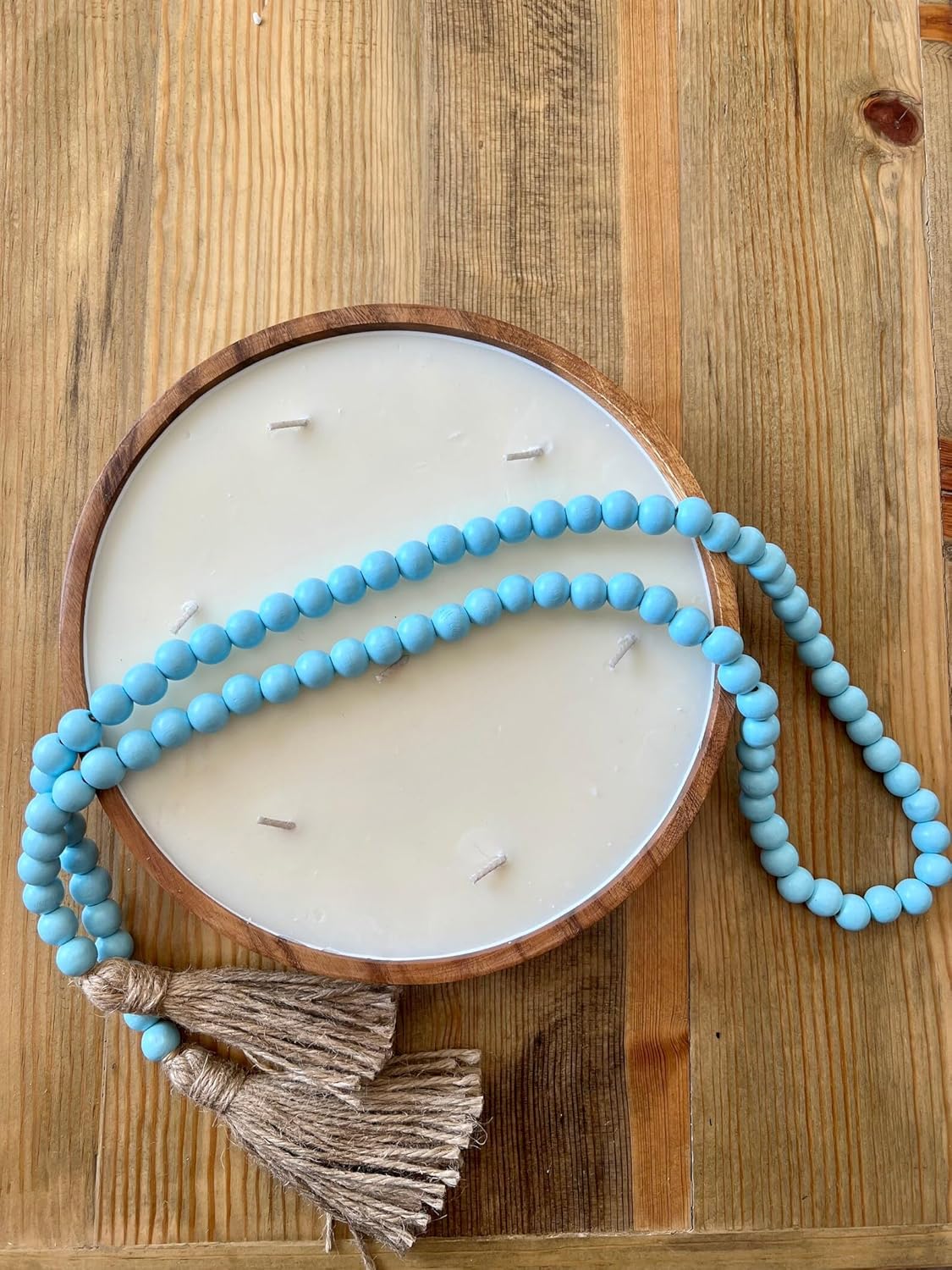 Farmhouse Wood Beads Garland with Blue Tassels 58 Inches