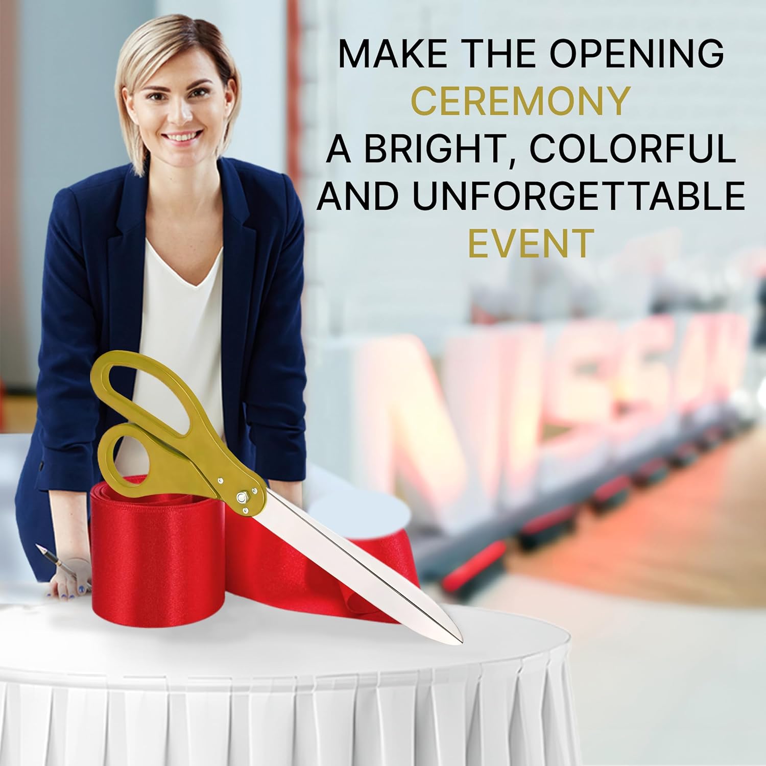 Gold Grand Opening Ceremony Kit with 25 Inch Scissors and Red Ribbon