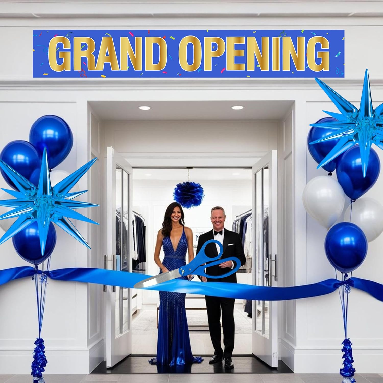 Blue Ribbon Cutting Ceremony Kit - 25 Inch Scissors Balloons Banner