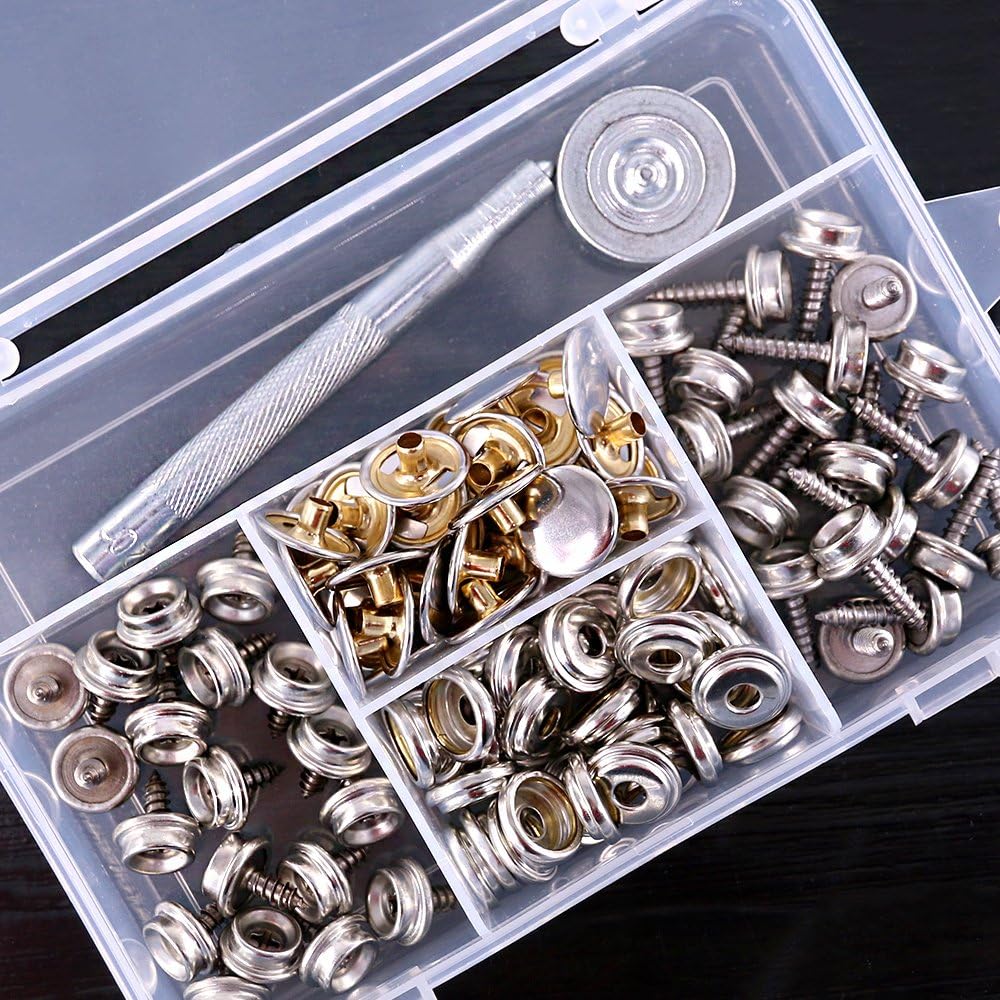 Glarks 120-Pieces Marine Grade Snap Fastener Kit with Setting Tool - Silver