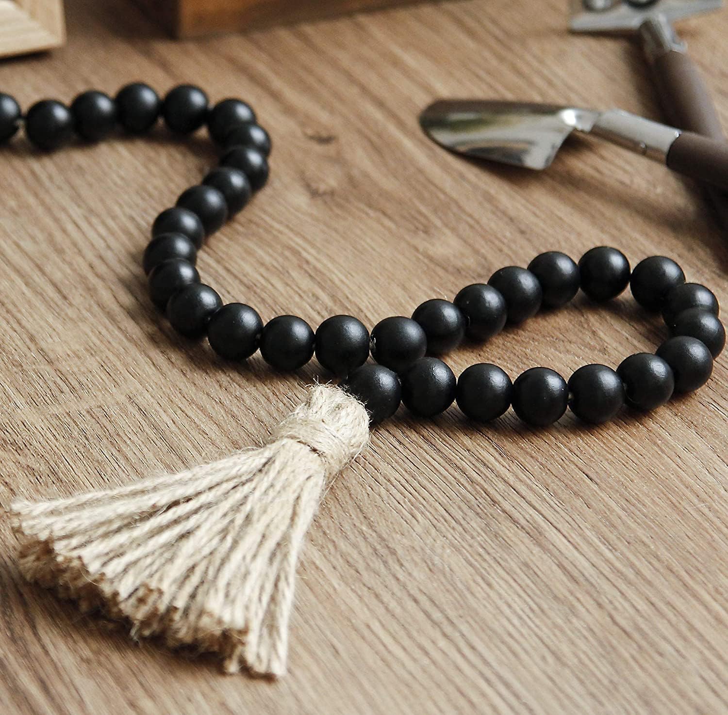 Farmhouse Wood Beads Garland with Tassels Black