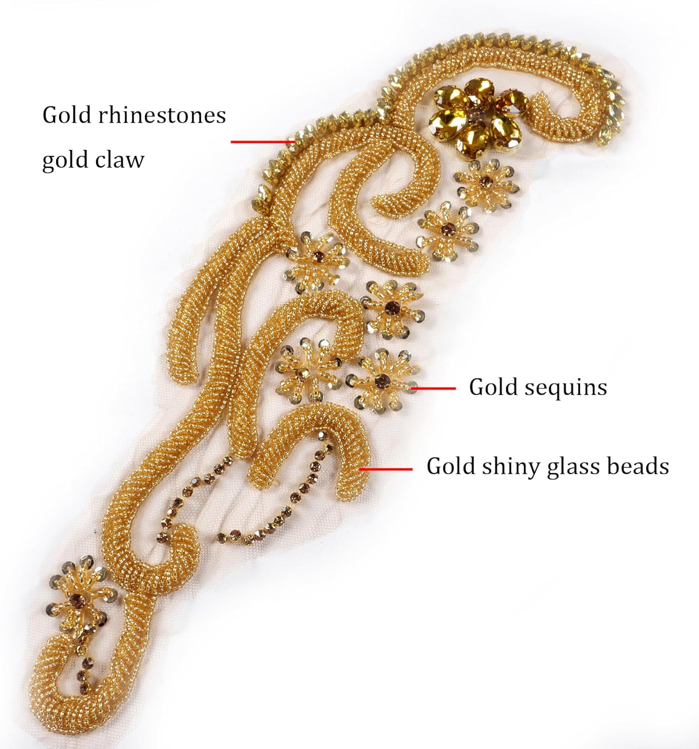 Gold Shiny Beaded Rhinestone Applique Patch for Sew on