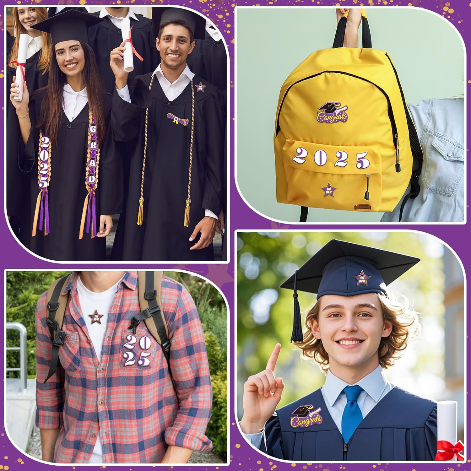 JUNEBRUSHS Graduation Leis 2025 Gold Purple Ribbon Set