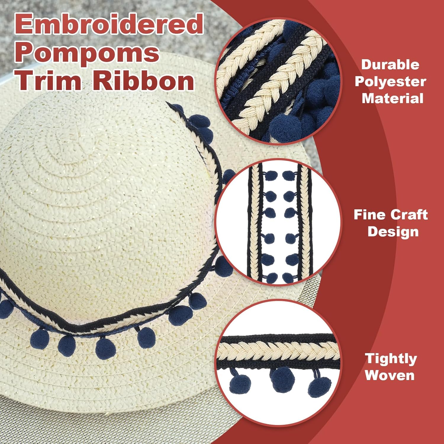 PATIKIL 11Yards Embroidered Pompom Trim Ribbon Dark Blue 2 Rolls