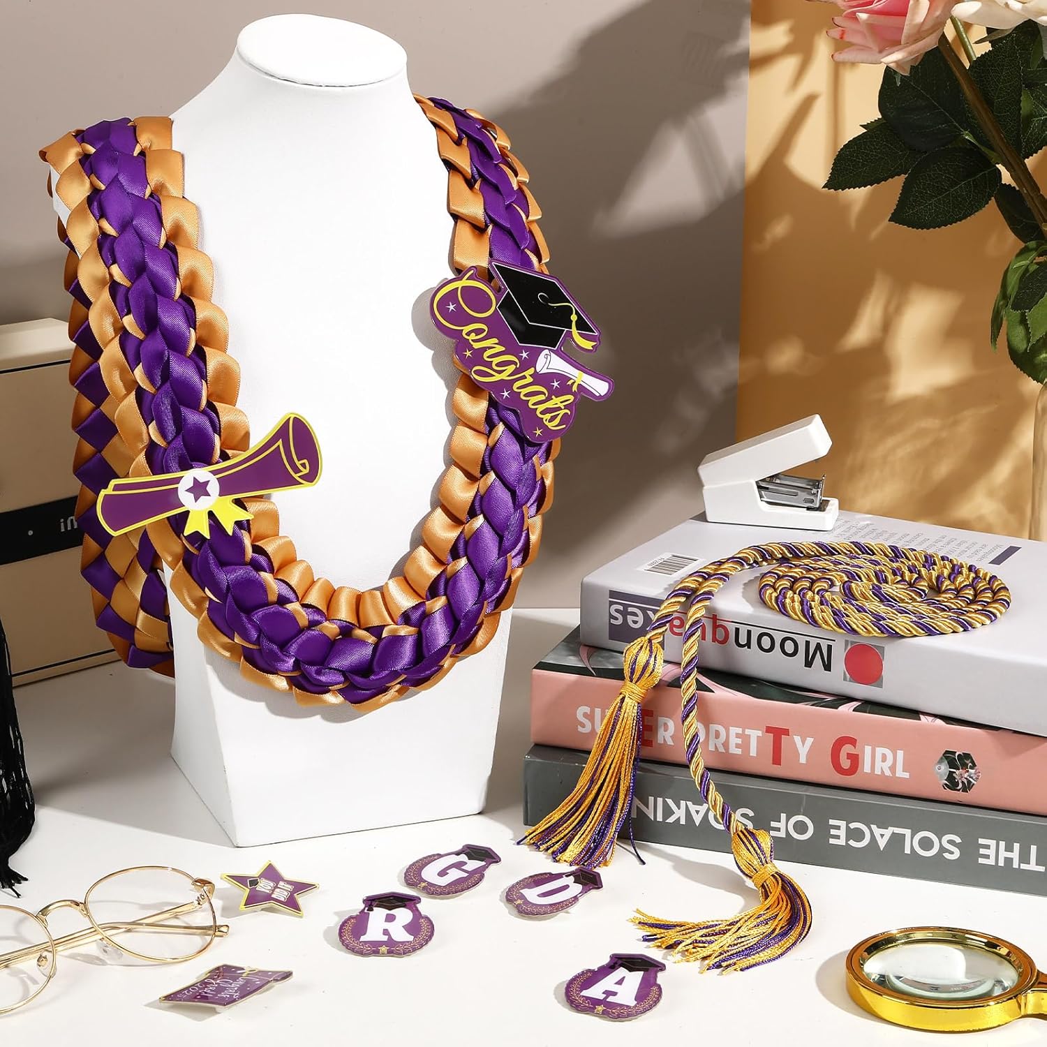 JUNEBRUSHS Graduation Leis 2025 Gold Purple Ribbon Set