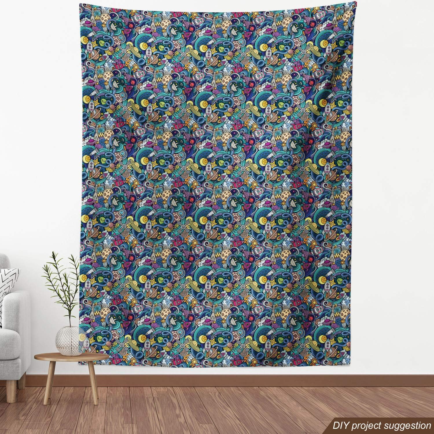 Ambesonne Space Fabric by the Yard Abstract Cartoon Astronomical Decor