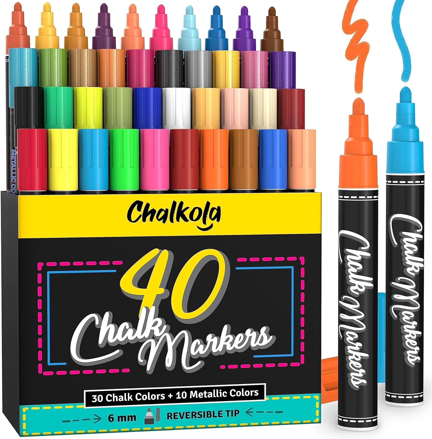Chalkola Chalk Markers 40 Pack Neon Pastel Metallic 6mm Tips