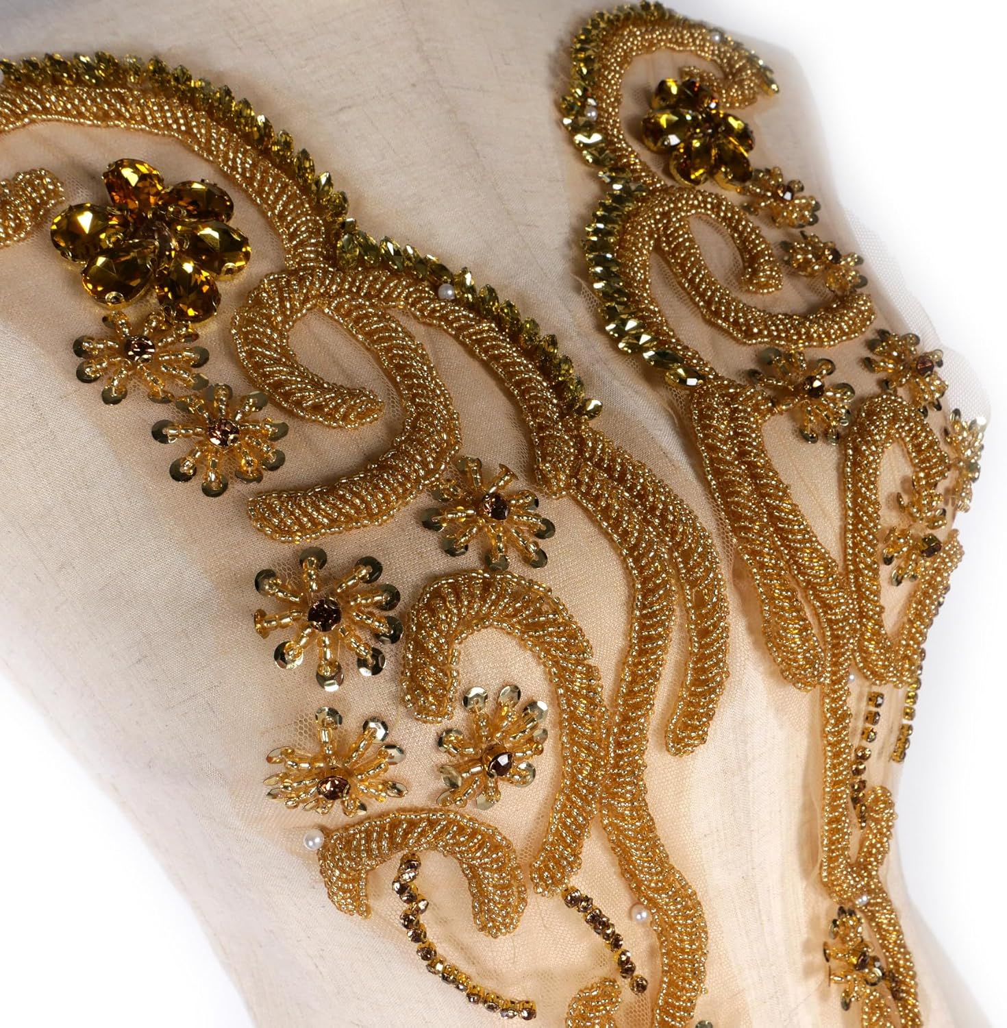 Gold Shiny Beaded Rhinestone Applique Patch for Sew on