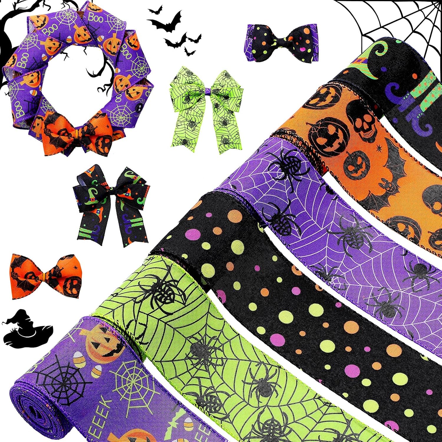 Chuangdi Halloween Ribbons 6 Rolls 30 Yards Wired Edge Decorations