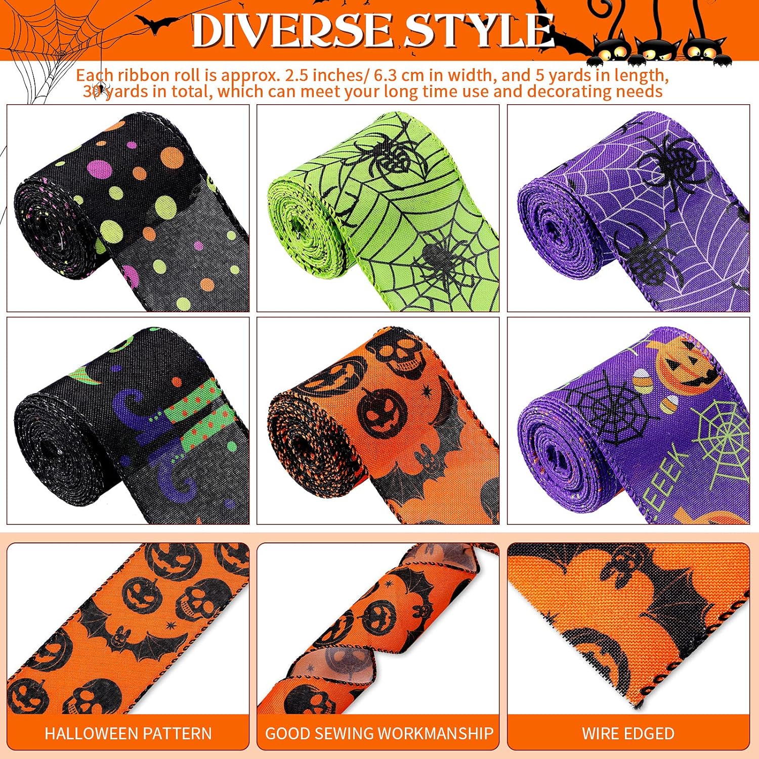 Chuangdi Halloween Ribbons 6 Rolls 30 Yards Wired Edge Decorations