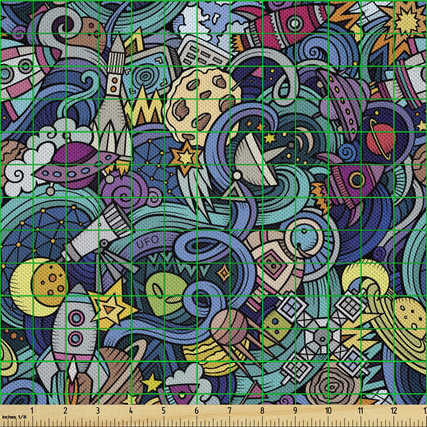 Ambesonne Space Fabric by the Yard with Swirl Waves and Asteroids Design