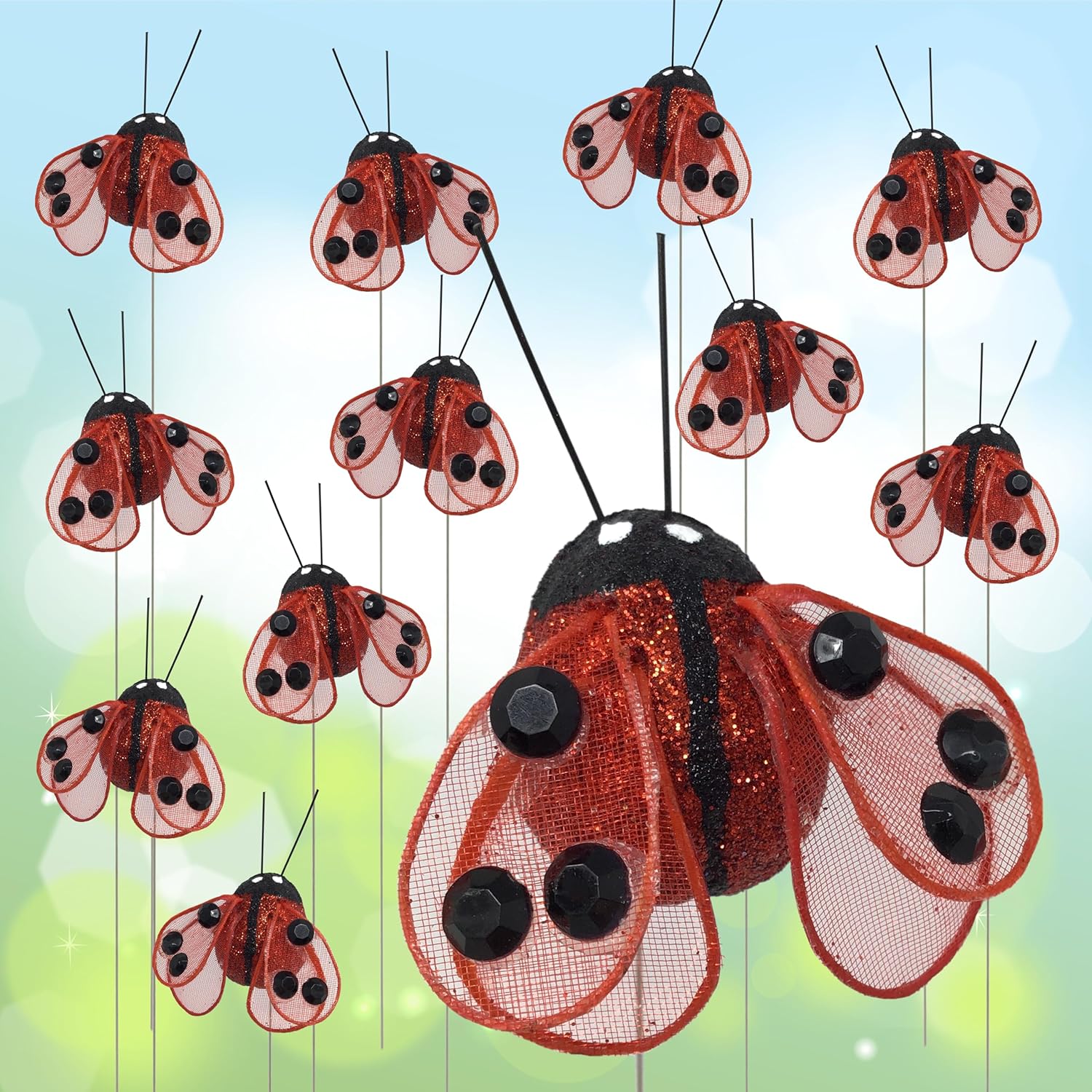 Red and Black Glitter Ladybug Floral Picks - 24 Pack