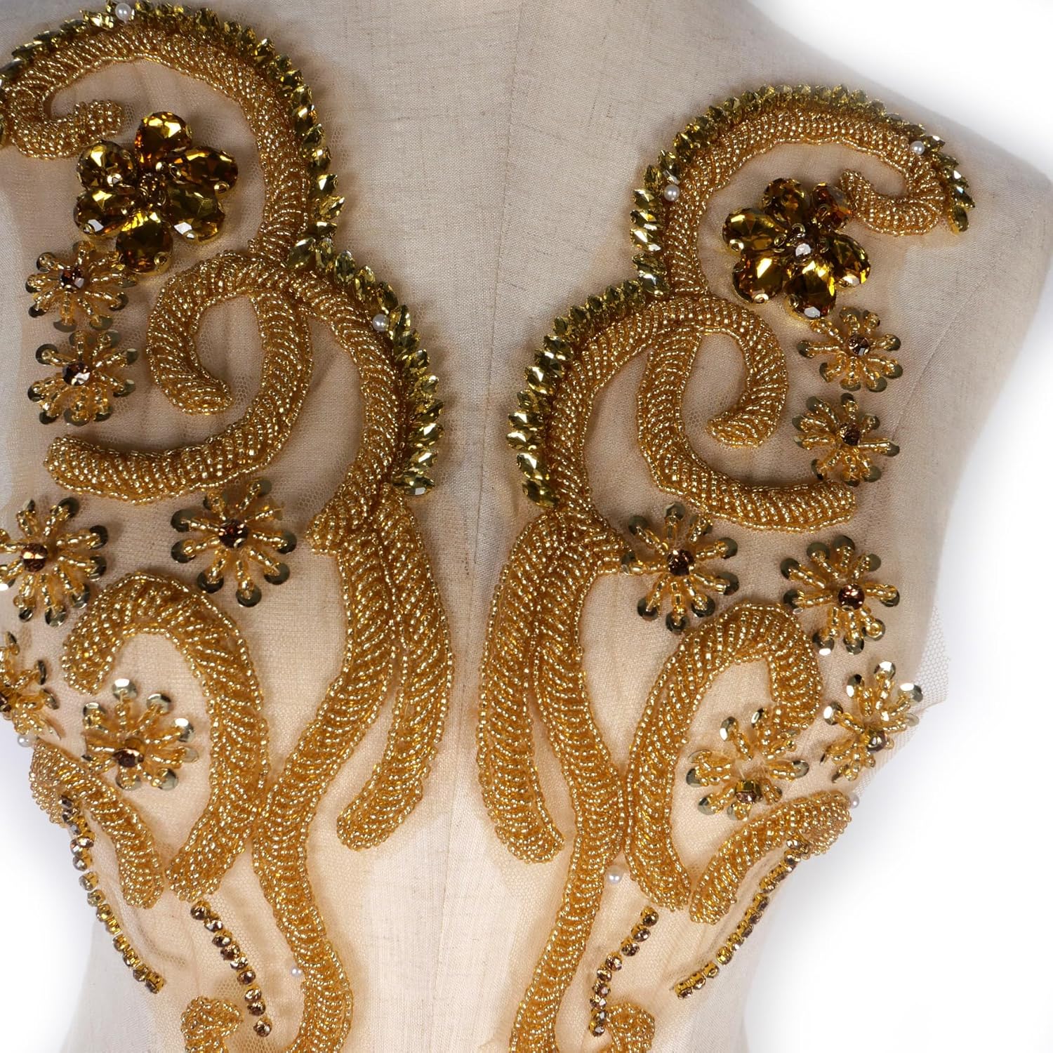 Gold Shiny Beaded Rhinestone Applique Patch for Sew on