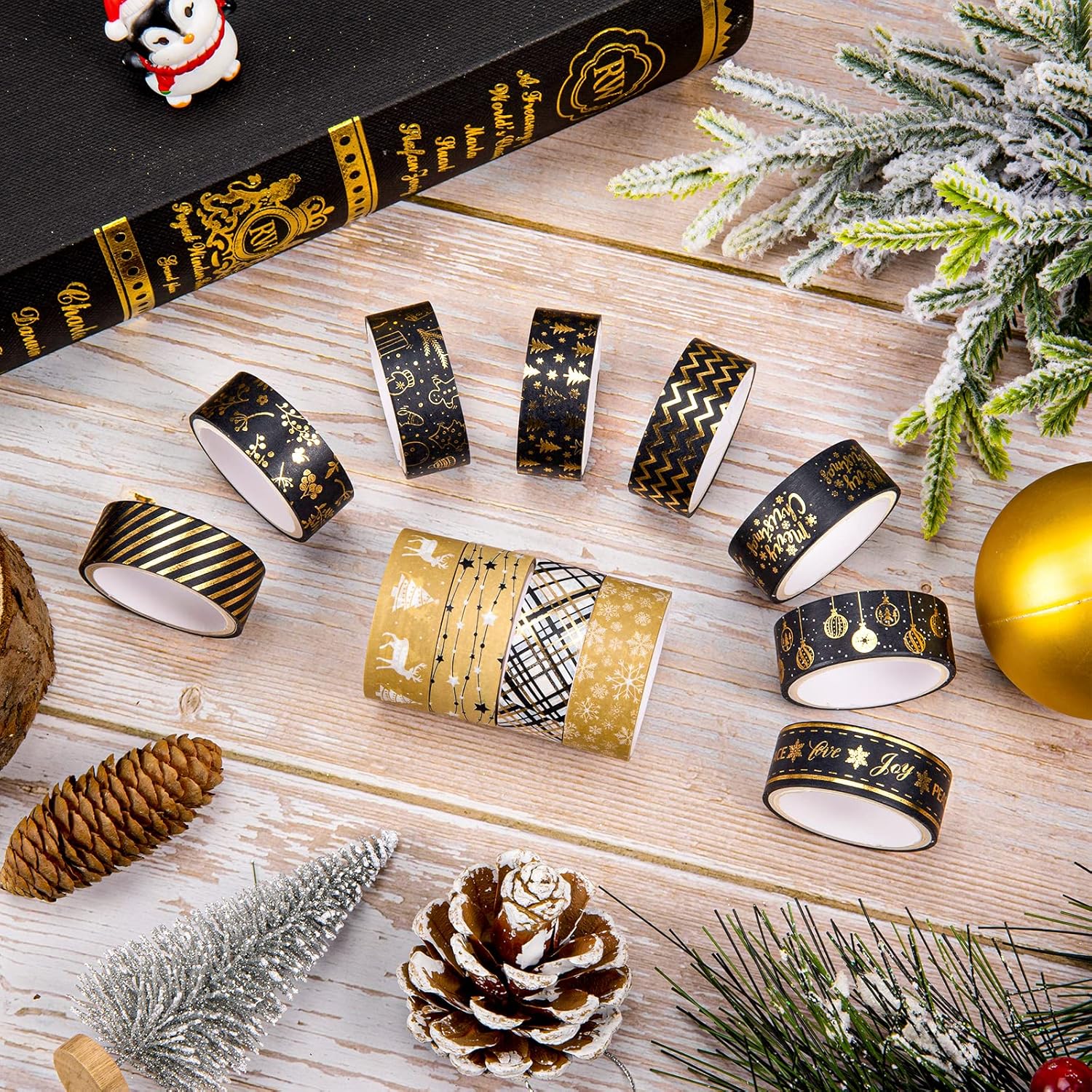 Whaline 12 Rolls Christmas Washi Tape Black Gold