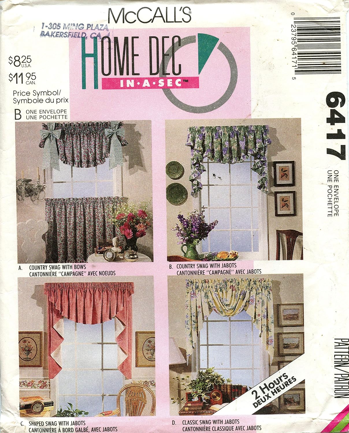 McCalls Home Dec In a Sec 6471 Window Swag Pattern
